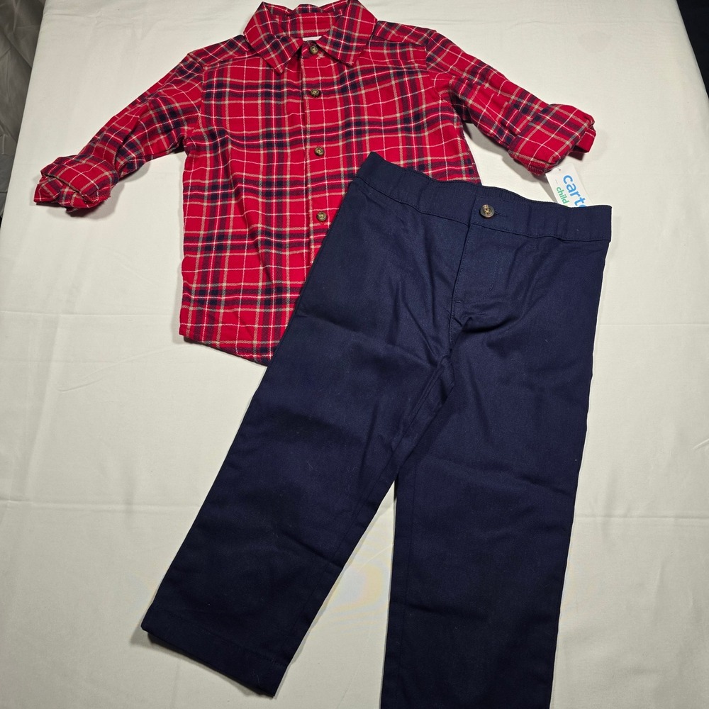 Carters 2T Boys Red Plaid Button Down Shirt and Navy Pants Set NWT